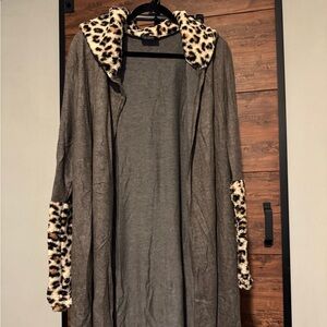 Gray Cardigan with Leopard Print Accents